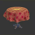 Decorative Red Patterned Tablecloth Covered Round Wooden Base Furniture Table