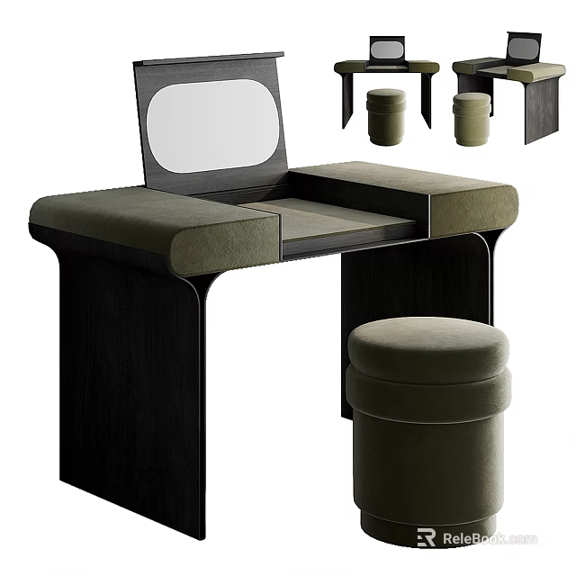 Modern Dark Wood Dressing Table With Green Upholstered Stool And Integrated Mirror 3d model 