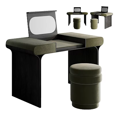 Modern Dark Wood Dressing Table With Green Upholstered Stool And Integrated Mirror 3d model