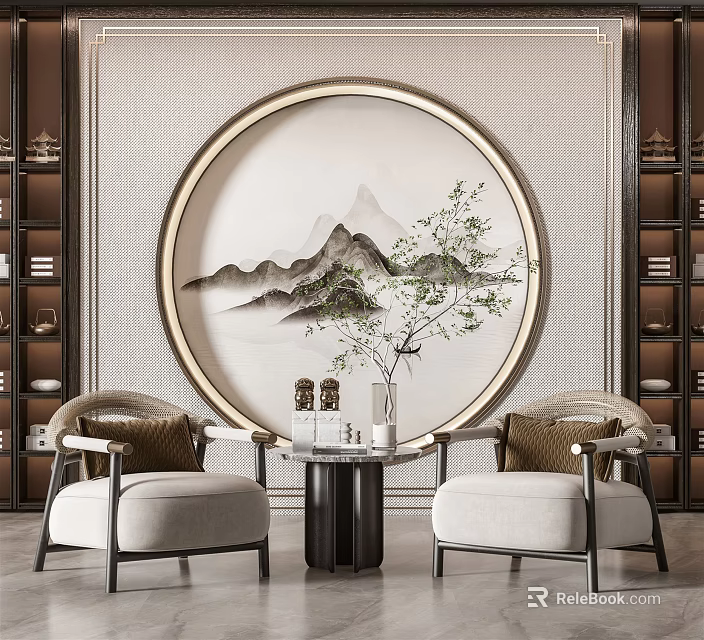 Light Colored Leisure Sofa Set With Circular Landscape Painting And Side Bookshelves 3d model 