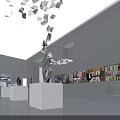 Art Gallery Exhibition Space With Paintings On Walls Central Display Stand And Ceiling Lighting