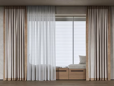 Modern Minimalist Double Layer Curtains With Sheer Fabric And Venetian Blinds Near Wooden Window Bench 3d model
