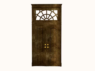 Vintage Wooden Front Door With Arched Window Pane And Brass Decorative Hardware 3d model