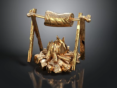 Golden Bonfire Roasting Structure With Hanging Rack Burning Flames And Logs 3d model