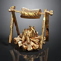 Golden Bonfire Roasting Structure With Hanging Rack Burning Flames And Logs