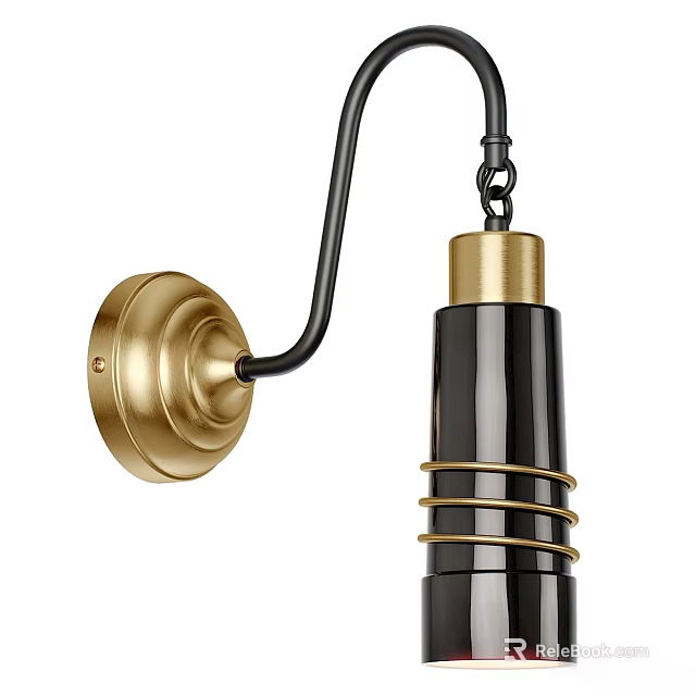 Curved Arm Wall Sconce With Brass Base Black Shade And Metal Coils Design 3d model 