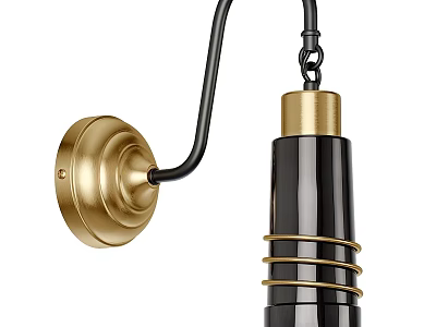 Curved Arm Wall Sconce With Brass Base Black Shade And Metal Coils Design 3d model