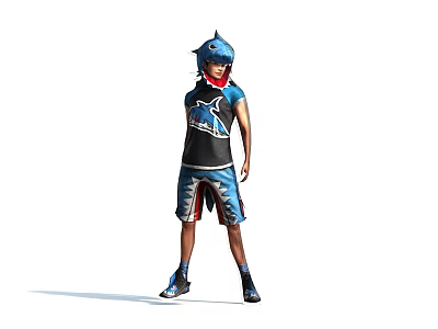 Person Wearing Shark Themed Costume With Headgear Black Top Blue Shorts Fin Decorations And Shoes 3d model