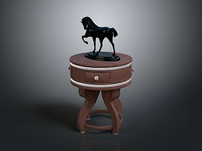 Brown Wooden Side Table With Round Top Drawer And Black Horse Figurine 3d model
