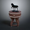 Brown Wooden Side Table With Round Top Drawer And Black Horse Figurine
