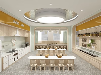 Kindergarten Living Area Bright Yellow Wooden Interior With Long Tables Small Chairs Cabinets Display Shelves 3d model