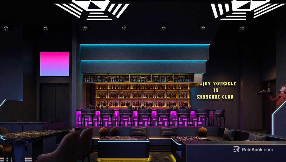 Modern Bar Interior With Neon Lights Bar Counter Wine Racks Sofas And Pool Table 3d model 