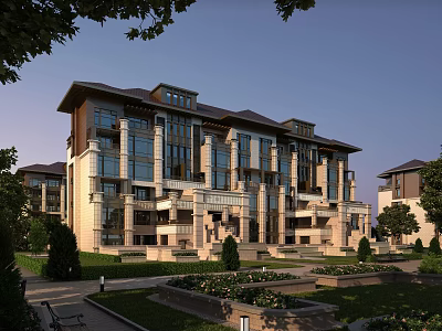 Elegant Multi Story Townhouse Exterior With Stone Facade Large Windows And Landscaped Gardens 3d model