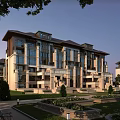 Elegant Multi Story Townhouse Exterior With Stone Facade Large Windows And Landscaped Gardens