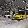 Automotive Showroom Interior With Luxury Cars Reception Desk And Tires