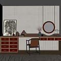 Modern Stylish Dressing Table With Round Mirror Vase Flowers And Artwork 3d model