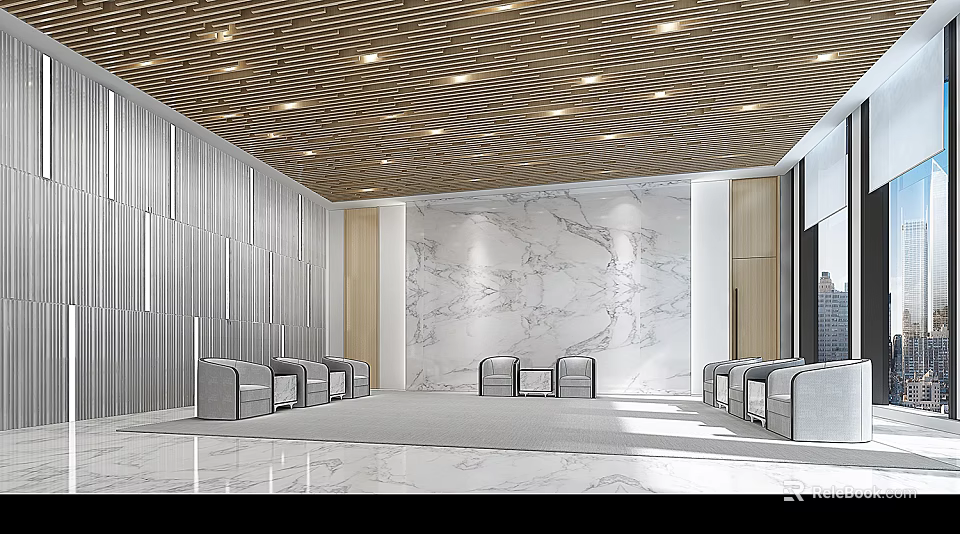 Modern Conference Room Interior Design With Marble Wall Wooden Ceiling And Comfortable Seating 3d model 