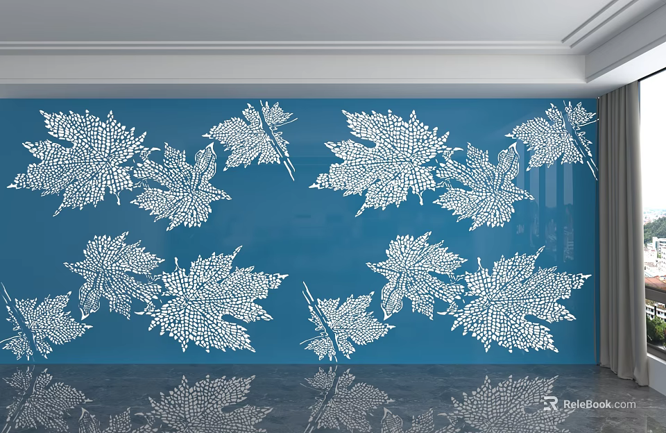 Blue Background Wall Featuring White Maple Leaf Patterns And Reflective Floor 3d model 