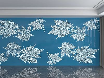 Blue Background Wall Featuring White Maple Leaf Patterns And Reflective Floor 3d model