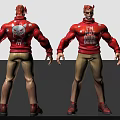 Muscular Man Action Figure in Red Sweater Skull Design NOT MORE DEVIL Text Khaki Pants