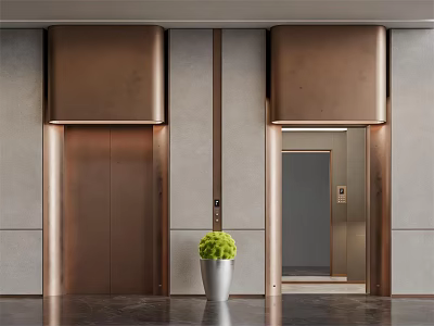 Modern Copper Elevators in Contemporary Lobby With Green Potted Plant Gray Wall And Dark Floor 3d model