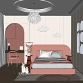 Kids Room Interior With Pink Headboard Cloud Decorations Rabbit Plush And Arched Shelves