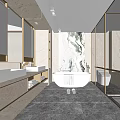 Modern Luxury Bathroom Interior With Marble Wall Double Vanity And Free Standing Bathtub