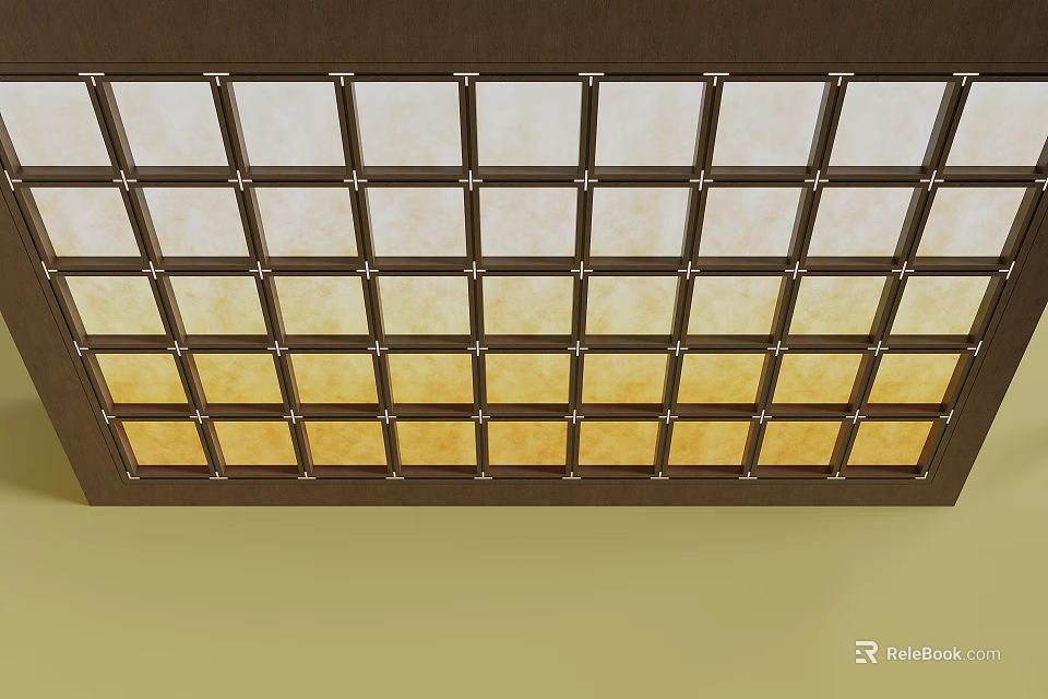 Grid Pattern Ceiling Design With Light Tile Panels And Dark Wooden Frame 3d model