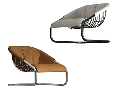 Modern Lounge Chairs With Brown Leather Gray Fabric And Stylish Metal Frame Design 3d model