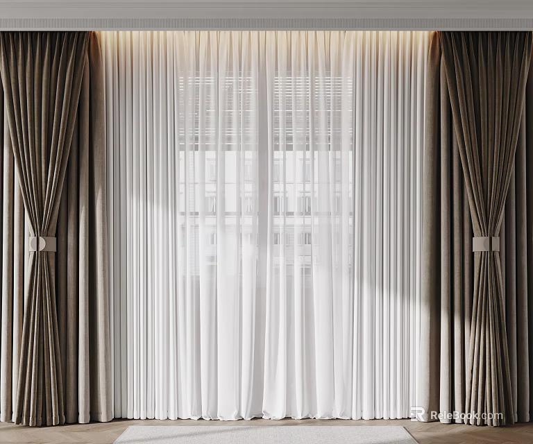 Layered Curtains In Brown And White For Modern Home Window With Natural Light 3d model 