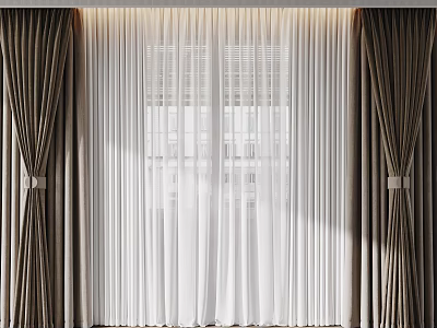 Layered Curtains In Brown And White For Modern Home Window With Natural Light 3d model
