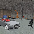 Silver Audi Car With Humanoid Robot In Industrial Warehouse Environment 3d model