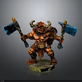 Horned Red Skinned Warrior Character With Dual Blue Axes Ornate Armor And Mythical Creature Elements