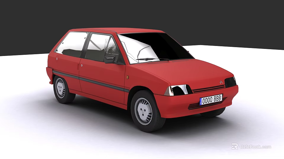 Red Classic Small Hatchback Car Featuring Front Headlights And License Plate 3d model
