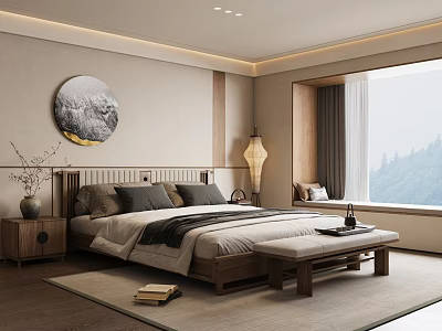 Serene Bedroom Interior With Wooden Bed Round Wall Art Floor Lamp Area Rug And Mountain View 3d model