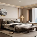 Serene Bedroom Interior With Wooden Bed Round Wall Art Floor Lamp Area Rug And Mountain View