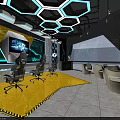 VR Virtual Experience Center Interior With Blue Lighting Hexagon Walls And Screens