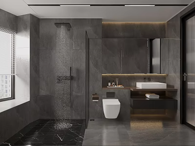 Modern Bathroom Design With Gray Tones Shower Toilet Vanity And Large Window 3d model