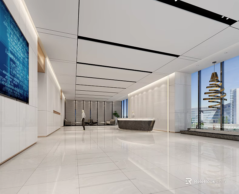 Modern Reception Area Design With Marble Front Desk Large Windows And Spiral Pendant Light 3d model 