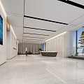 Modern Reception Area Design With Marble Front Desk Large Windows And Spiral Pendant Light