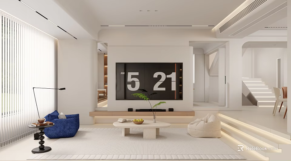 Modern Minimalist Cream Tone Living And Dining Room With Cozy Seats And Large Display Wall 3d model 