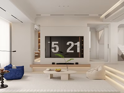Modern Minimalist Cream Tone Living And Dining Room With Cozy Seats And Large Display Wall 3d model