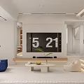Modern Minimalist Cream Tone Living And Dining Room With Cozy Seats And Large Display Wall