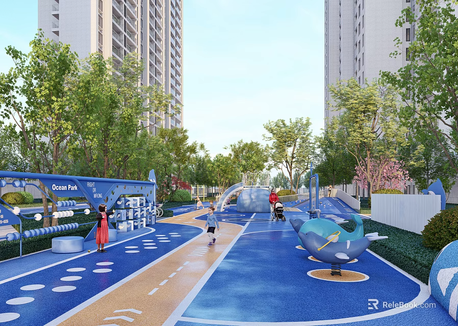 Kids Play Area With Blue Surface Colorful Track Slide And Spinning Structure Surrounded By Trees 3d model 