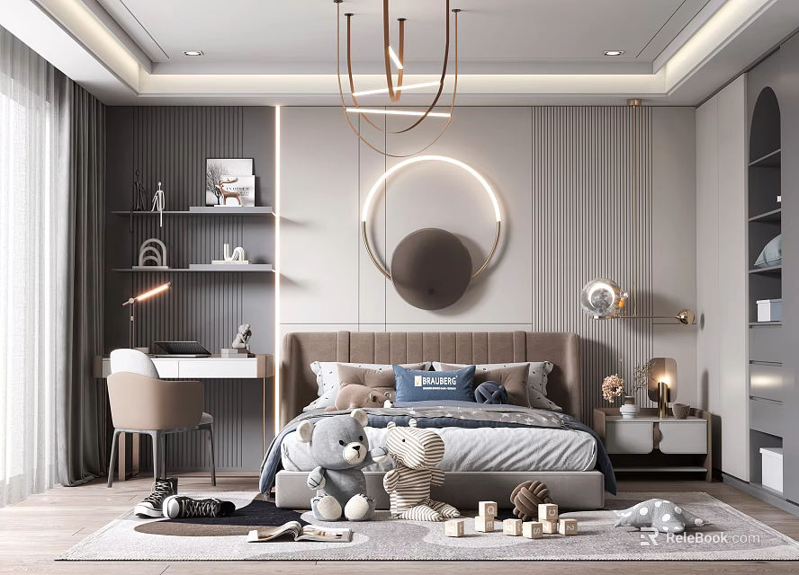 Modern Kids Bedroom Interior With Cozy Bed Plush Toys And Blocks 3d model 