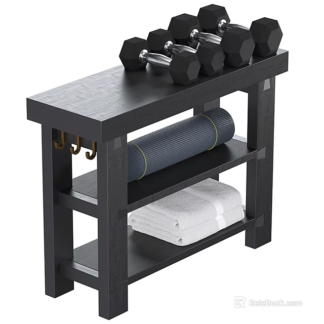 Organized Sports Equipment on Wooden Shelf with Dumbbells Yoga Mat and Towel 3d model 