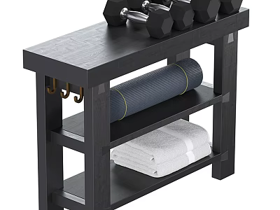 Organized Sports Equipment on Wooden Shelf with Dumbbells Yoga Mat and Towel 3d model