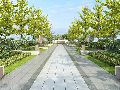 Garden Landscape With Long Stone Walkway Green Trees On Both Sides And Neatly Arranged Shrubs 3d model