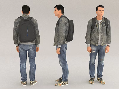 Man In Denim Jacket Jeans And Sneakers With Black Backpack Three Angles View 3d model
