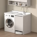 White Washing Machine With Sink Counter And Toiletries On Shelf Above In Wooden Floor Room
